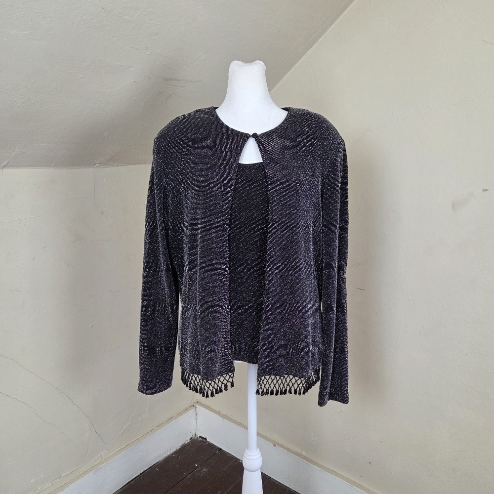 XSCAPE by Joanna Chen 2-Piece Sparkle‎ Top & Cardigan Set Size L Black